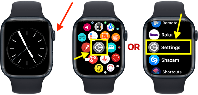 Images illustrating the Apple Watch digital crown, the App Icon screen, and the App List screen.