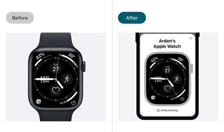 Images showing an Apple Watch and the same watch being mirrored on an iPhone