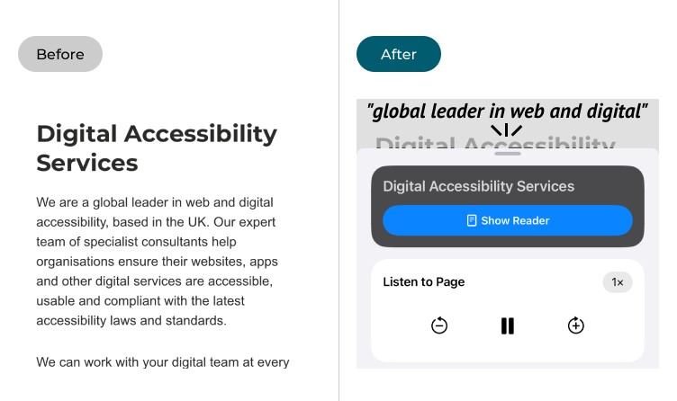 Images show the Safari web browser before and after using Listen to Page