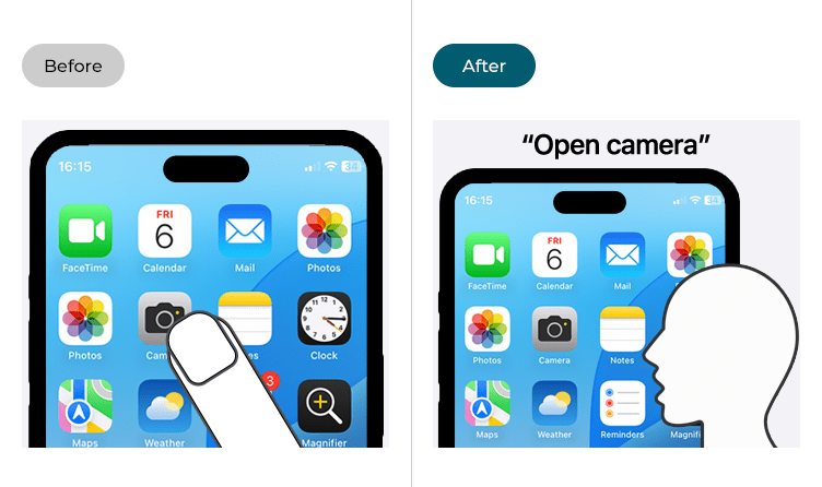 Images illustrating opening the Camera app before and after Vocal Shortcuts has been enabled