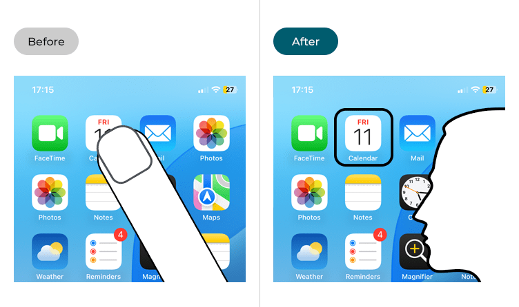 Images showing an item on the Home screen being selected before and after Eye Tracking has been turned on