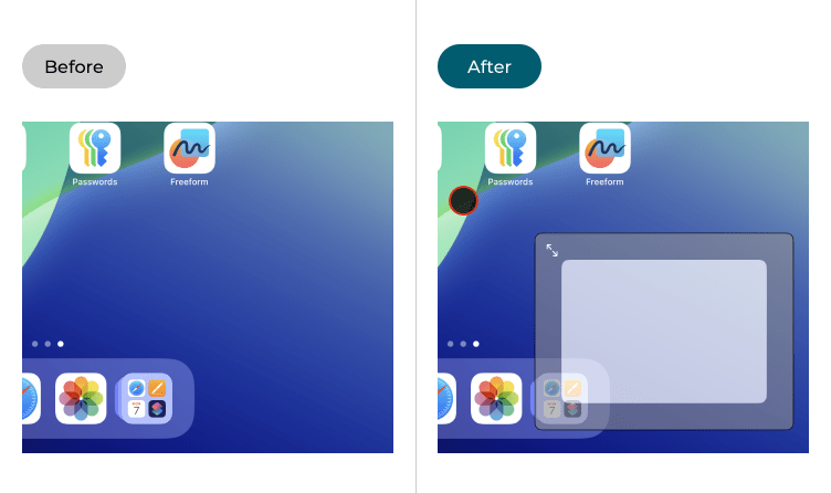 Images showing the iPad Home screen before and after the Virtual Trackpad has been turned on