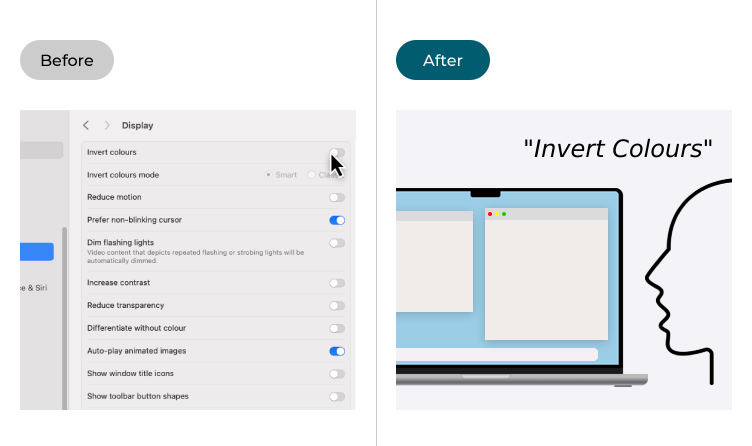 Images illustrating turning on an Accessibility feature before and after setting up a Vocal Shortcut