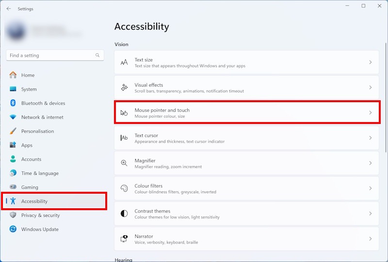 Open the Accessibility settings and click Mouse pointer and touch