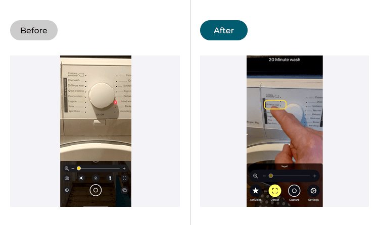 Images showing the Magnifier app before and after the Point and Speak detection mode has been enabled