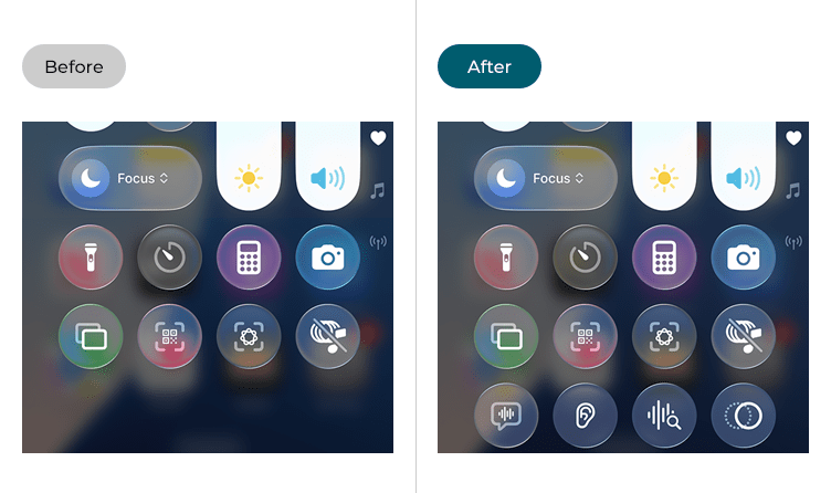 The iOS Control Centre before and after adding accessibility controls