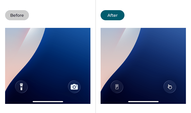Images showing the lock screen before and after the controls have been changed to accessibility controls