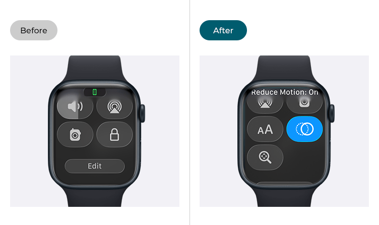 Images showing the Apple Watch Control Centre before and after Accessibility items have been added