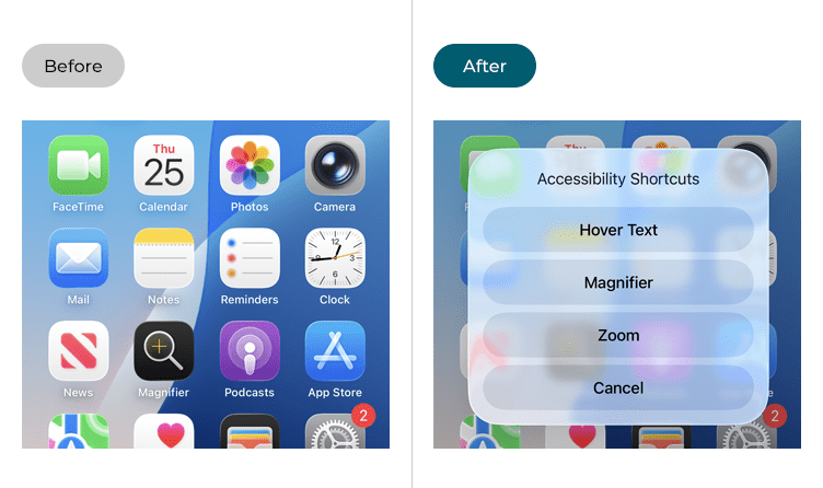 iOS 15 before and after the accessibility shortcut is enabled