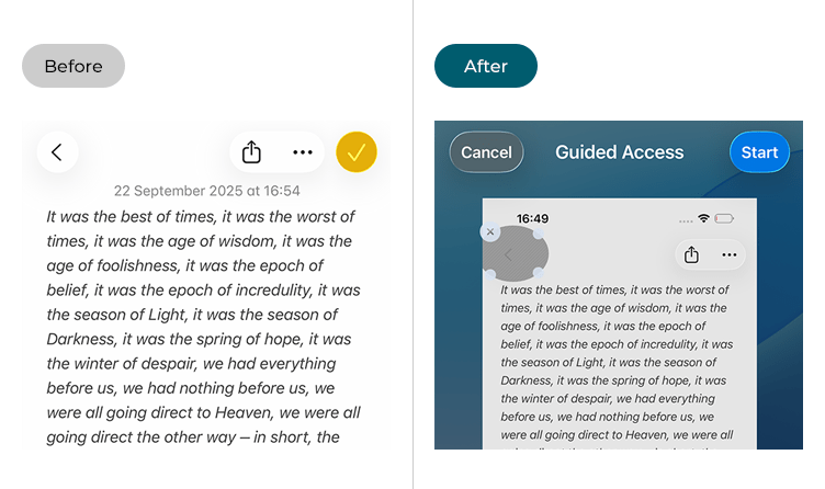 The Notes app before and after Guided Access is enabled