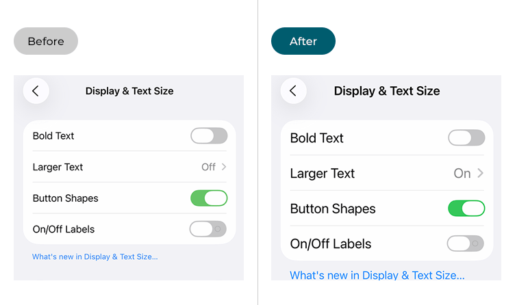 Images showing text before and after a larger text size has been applied