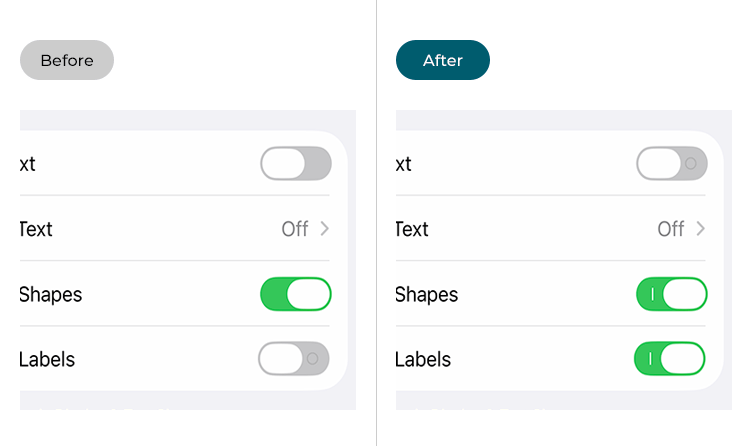 The apperance of button labels before and after the ON/Off Labels setting has been enabled