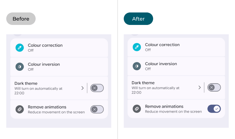 The Colour and motion settings with Remove animations turned off and turned on