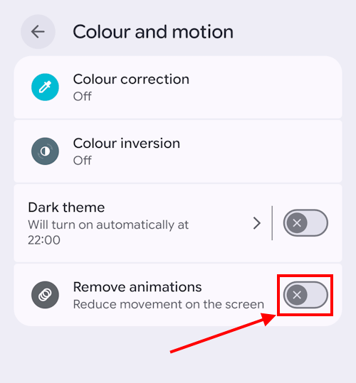 Tap the toggle switch for Remove animations to turn it on