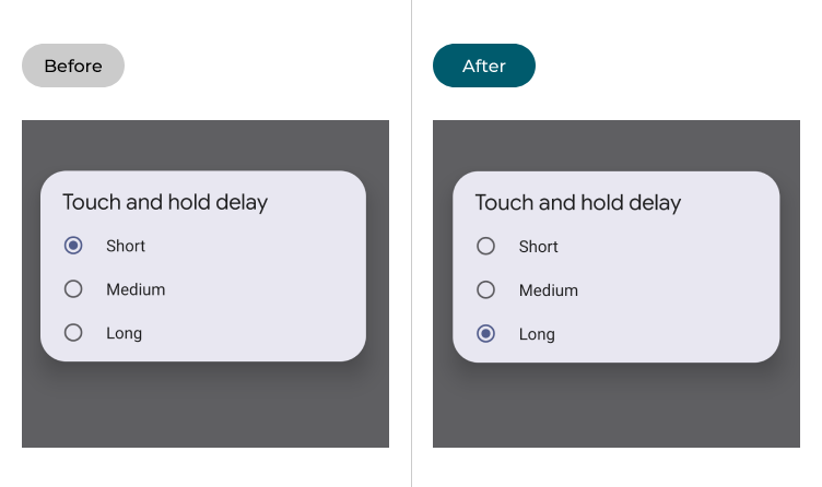 The Touch and hold settings before and after adjustment
