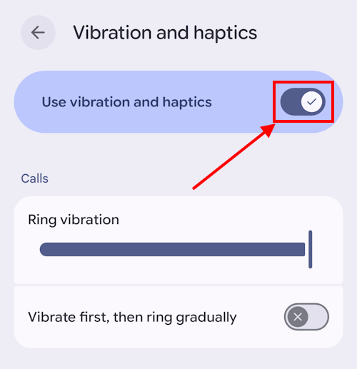 Tap the toggle switch for Use vibration and haptics to turn it off