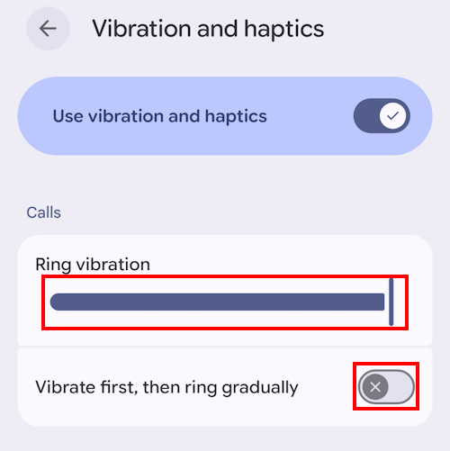 Use the Ring vibration slider then tap the Vibrate first, then ring gradually toggle switch