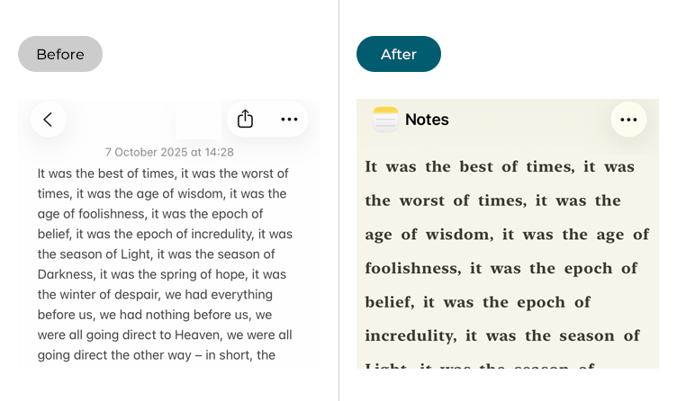 The left images shows a note in the Notes app. The image on the right shows how a note from the Notes app looks when opened in the Accessibility Reader.