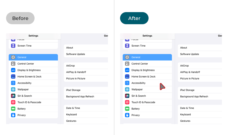 Images showing the screen before and after a mouse or keyboard has been attached to an iOS device