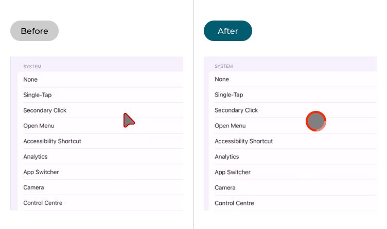 The iOS mouse pointer before and after AssistiveTouch and Dwell Control have been enabled