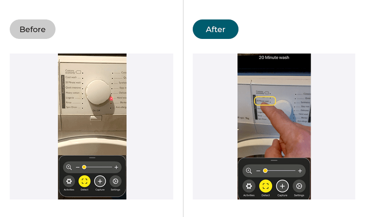 Two images showing the Magnifier app pointed at a washing machine. In the image on the right, Point and Speak detection mode is enabled. A finger is shown pointing at a label on the washing machine, which the Magnifier has identified and highlighted with a yellow rectangle.
