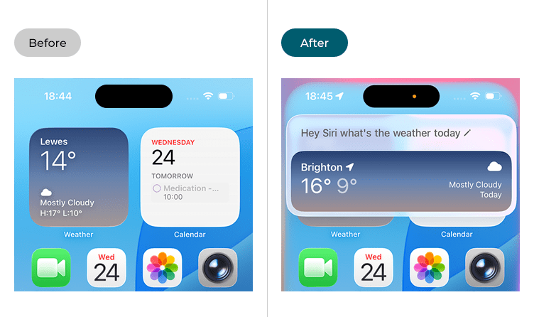 Two examples of the iPhone Home screen. The Home Screen on the right illustrates Siri answering a query after Siri has been enabled. The query asked was "What's the weather" and Siri has responded showing the temperature (High: 16 degrees, Low: 9 degrees) and weather conditions (mostly cloudy)