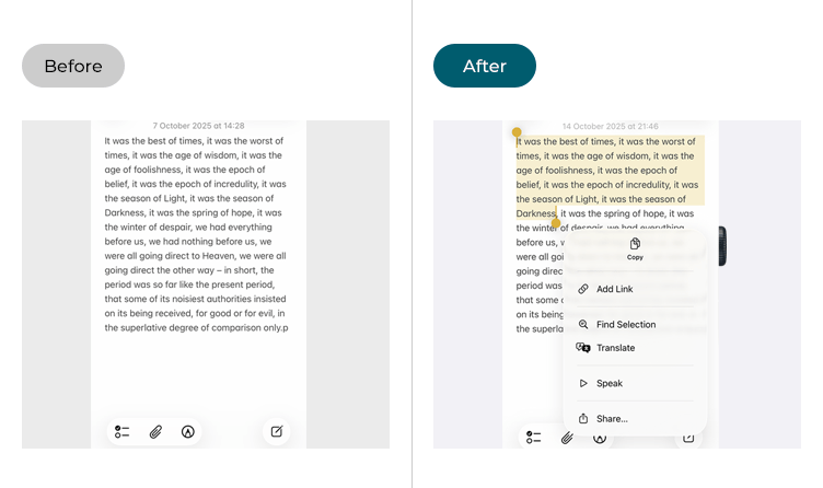 Images showing the Notes app before and after Speak Selection has been enabled. The image on the right shows text that has been selected and the selected text options menu which includes the Speak button as the fifth option.
