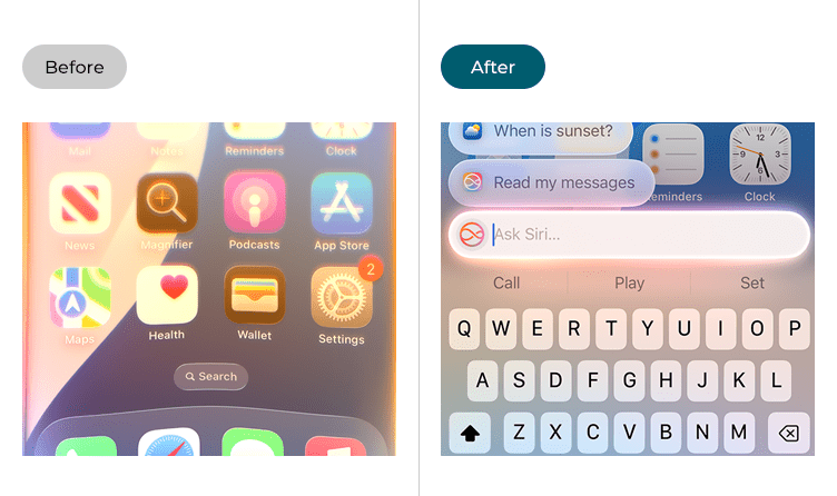 Images showing Siri being asked a request before and after Type to Siri has been enabled