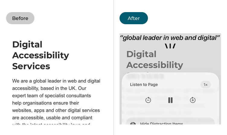 Images show the Safari web browser before and after using Listen to Page