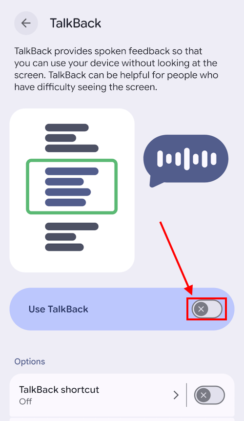 Tap the switch to activate TalkBack