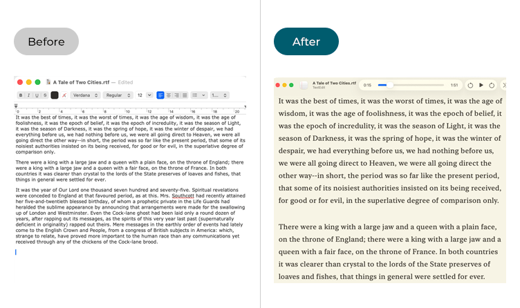 The left images shows a file open in the Text Edit app. The image on the right shows how the text from the Text Edit app looks when opened in the Accessibility Reader.