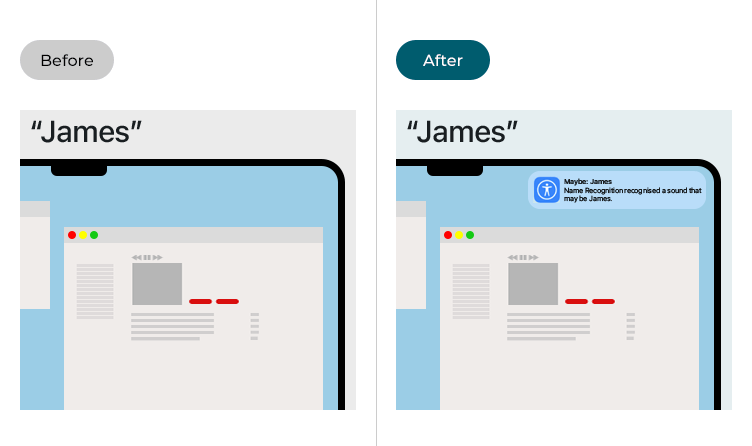 Illustration showing two computer screens, before and after the Name Recognition feature is enabled. The name “James” is being spoken, and the computer on the right displays a notification indicating it has heard the name.