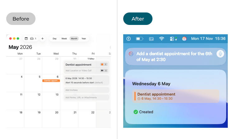 Images showing a user adding an event to their calendar manually (left image) and using Siri (right image)