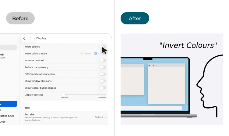 Images illustrating turning on an Accessibility feature before and after setting up Vocal Shortcuts